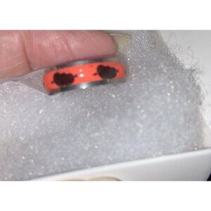 Stainless Steel & Enamel Ring 2 Hearts Joined W/Arrow On Orange Background 20mm